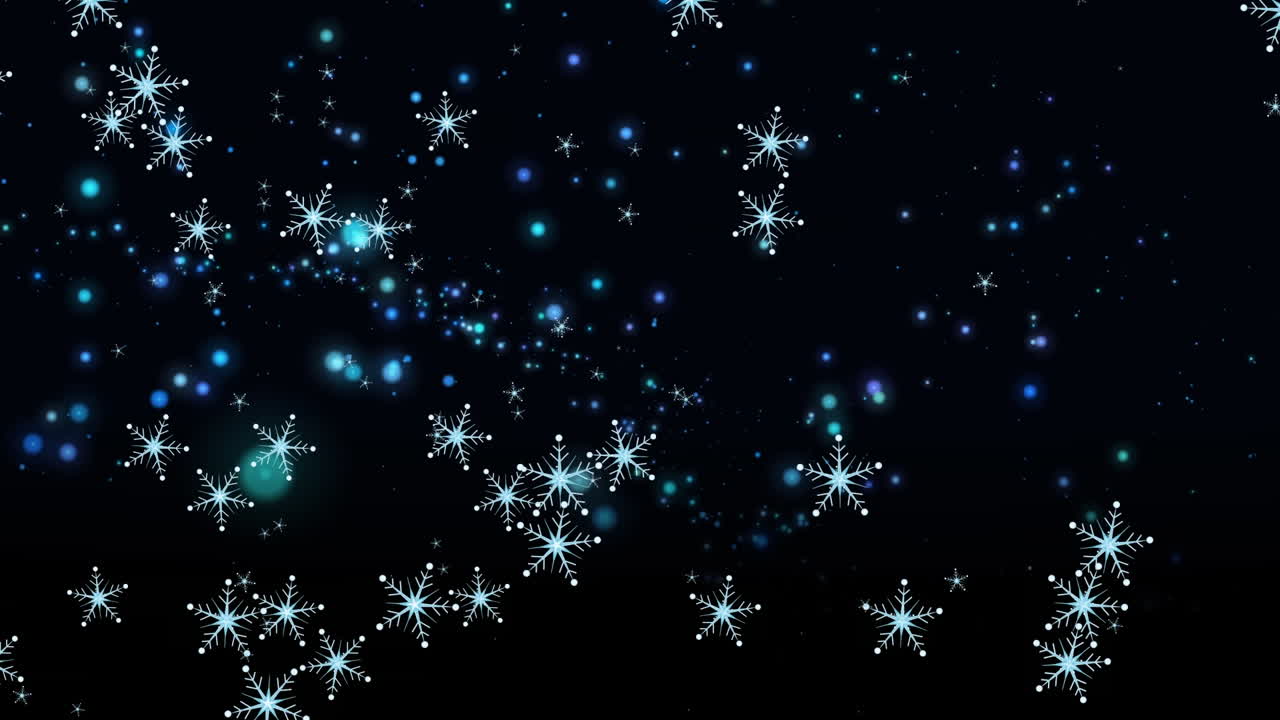 크리스마스 스노우플레이크와 검은색 배경의 파란색 불빛의 애니메이션.
