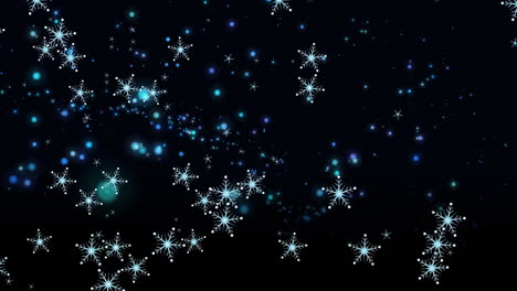 animation of christmas snowflakes and blue lights on black background