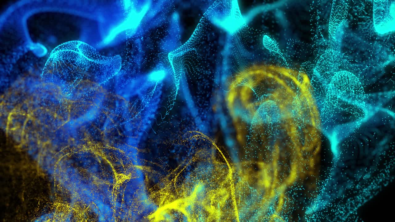 animación de formas de partículas azules y amarillas brillantes que se mueven sobre un fondo negro