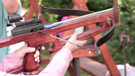 shooting with the crossbow for leisure with people stock video stock footage