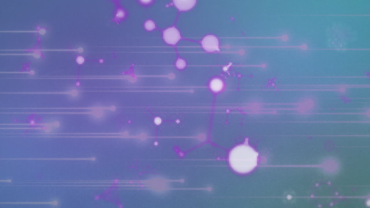 青と紫の背景の上に分子と光のアニメーション