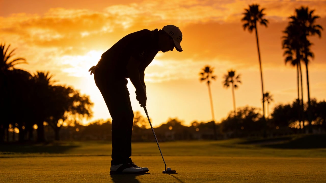 Golfista con cappellino che si allinea per eseguire un putt sul green al tramonto, con il putter che colpisce la palla per concludere la buca.