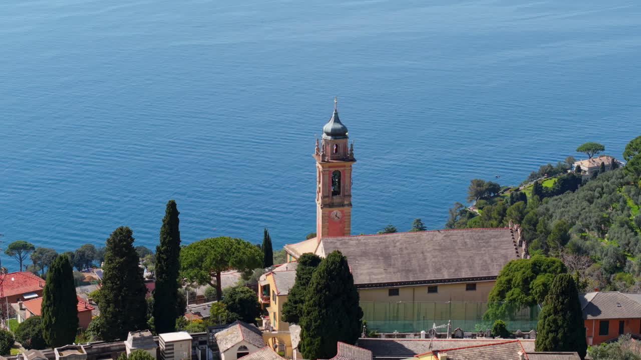 Close-up of a Church and Bell Tower on a Hillside in the Italian Riviera