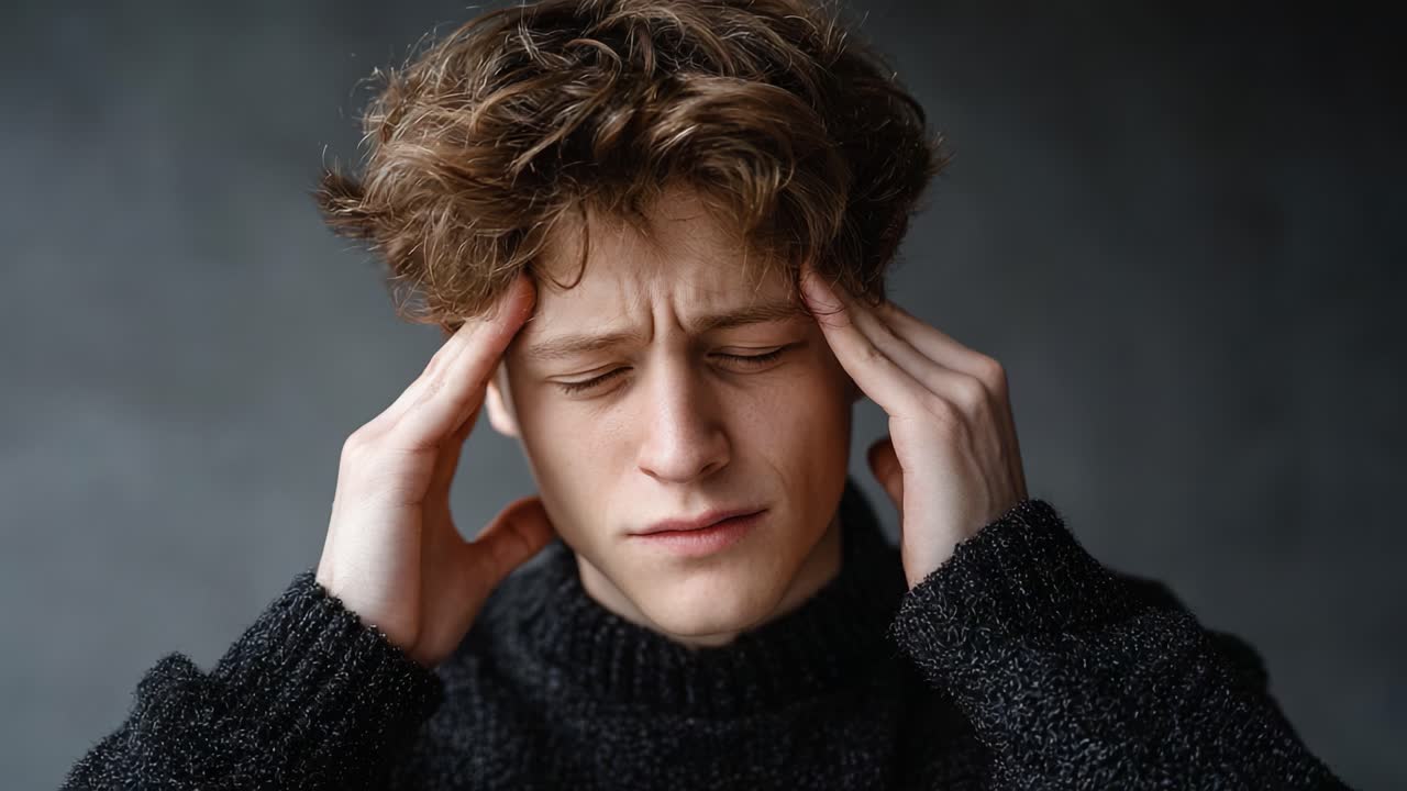 A Young Man Experiencing Intense Discomfort While Grasping His Head in an Emotionally Charged Moment, Capturing the Essence of Strain and Reflection