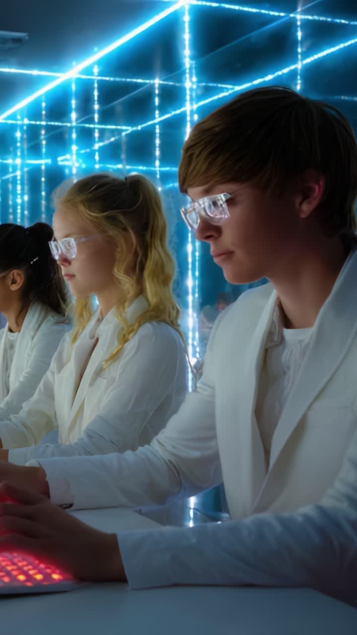 A group of young individuals engaged in a high-tech environment, using advanced technology while showcasing concentration and teamwork in a futuristic setting