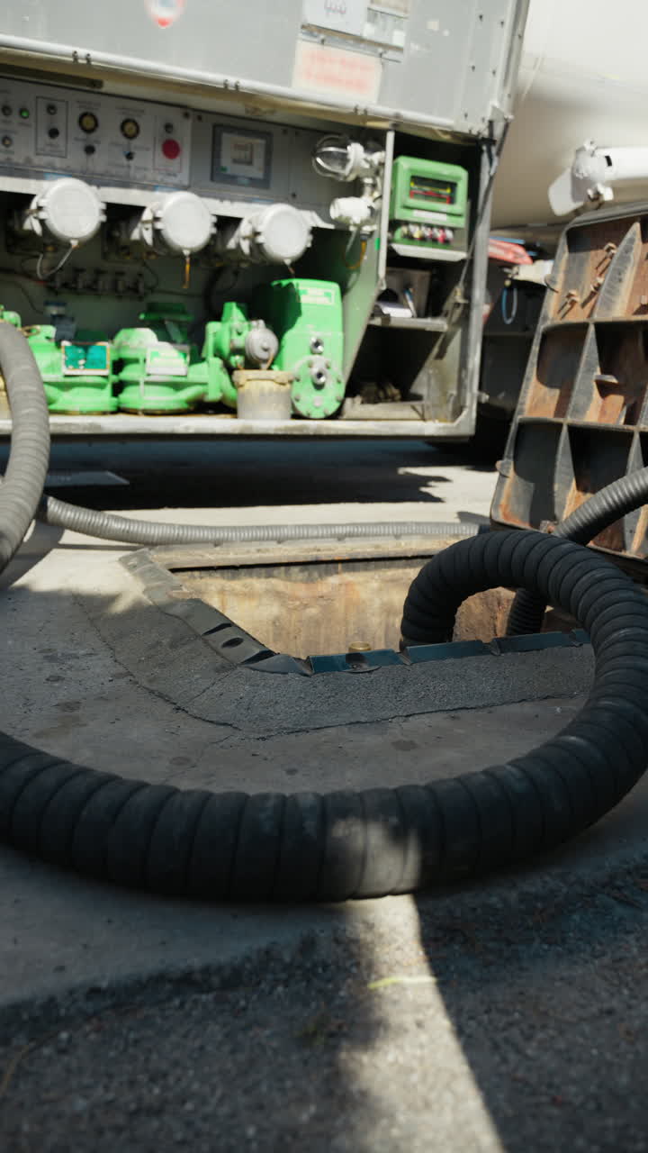 Refueling pipes from truck for a gas station tank during petrol shortage crisis