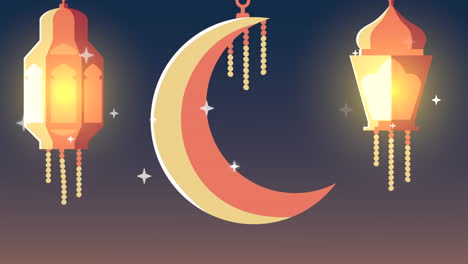 ramadan kareem animation with crescent moon and lamps hanging