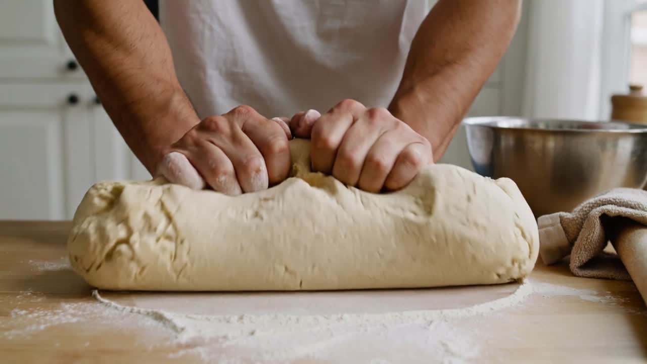 Adagiando l'impasto, le mani del fornaio impastano, sigillando il bordo su una tavola infarinata a casa con una ciotola per il pane.
