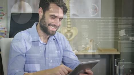 medical researcher using tablet in lab, streaming animated pelvis model and floating test tube data