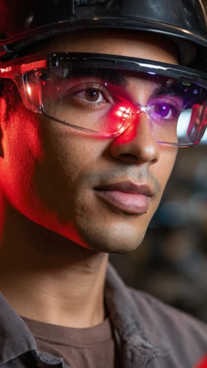 Focused Professional in Safety Gear Displaying Determination and Concentration with Colorful Lighting Effects Enhancing the Visual Atmosphere Around Him