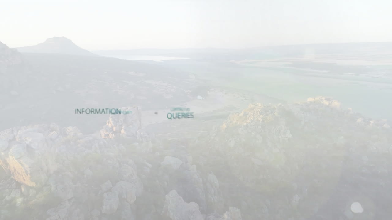Over misty mountain landscape, animation text queries with soft lighting effect