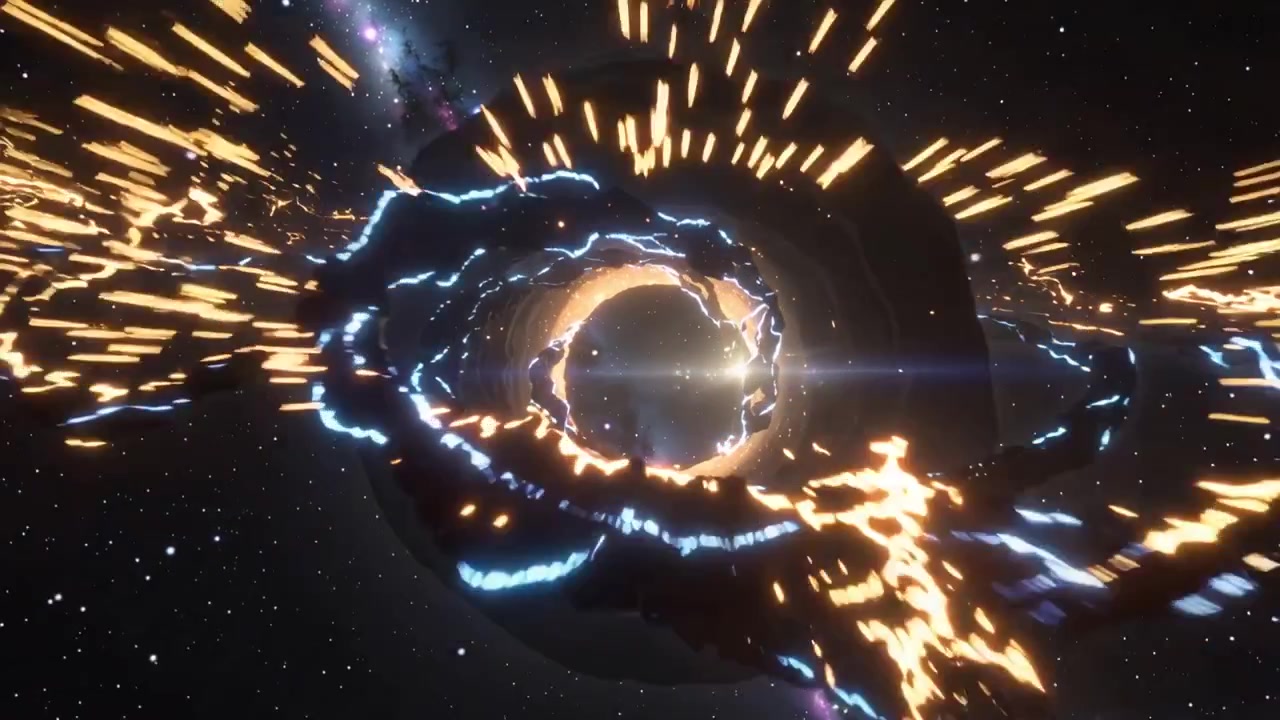 Telecamera che si avvicina a un nucleo luminoso mentre un toro luminoso pulsa ed emette scintille nello spazio profondo.