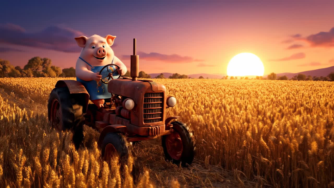 Pig driving tractor at sunset in field. A cheerful pig rides on a tractor through a golden wheat field during sunset, enjoying the peaceful scenery
