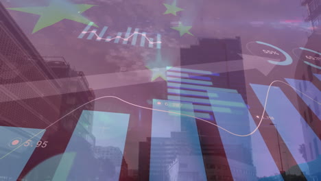 animation of china flag over graphs and office buildings