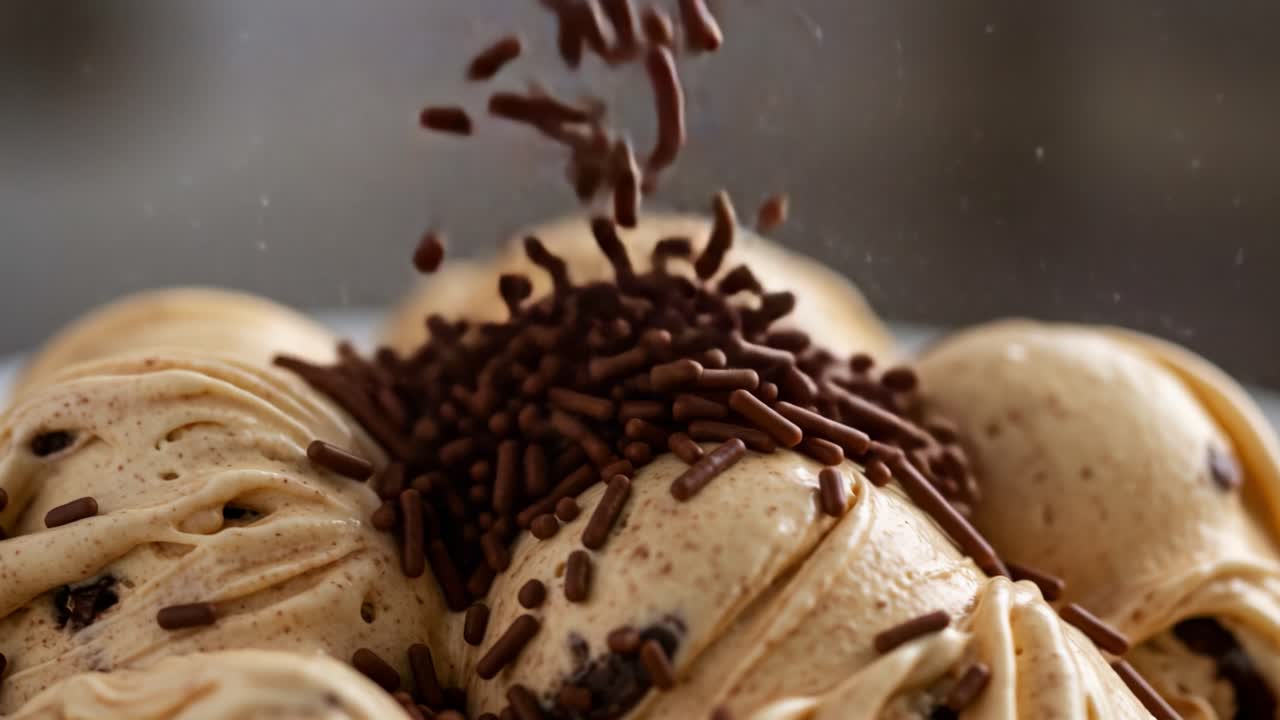 Delicious Dessert Delight: Irresistible Scoops of Creamy Ice Cream Topped Generously with Chocolate Sprinkles for a Perfect Treat Experience