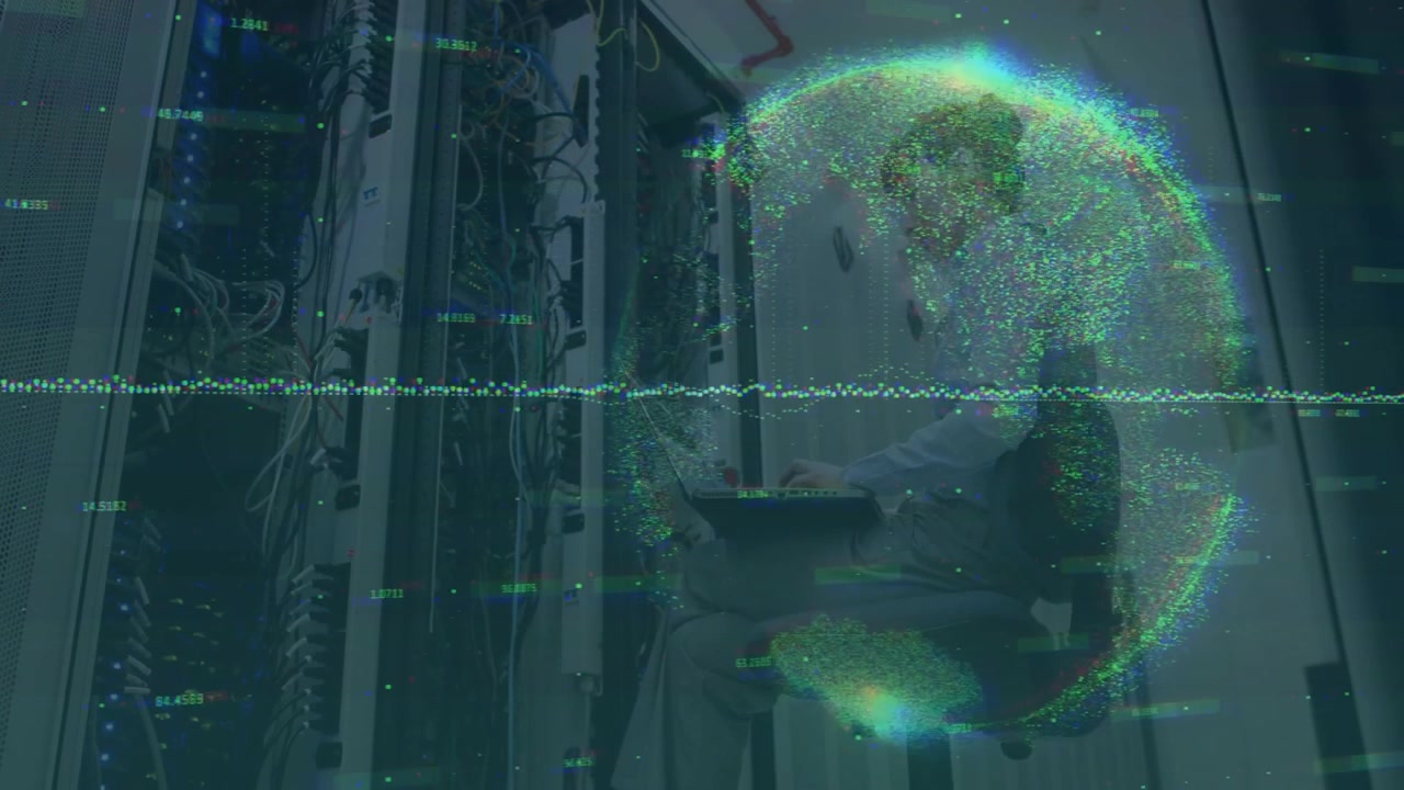 Female IT tech powering laptop initiating network checks while calling phone pulsing data globe