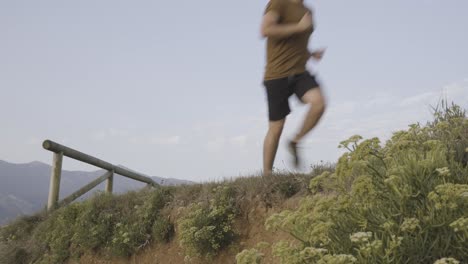 Man running on the shoreline, green meadow, beach, mountains at the background, clear sky, static shot