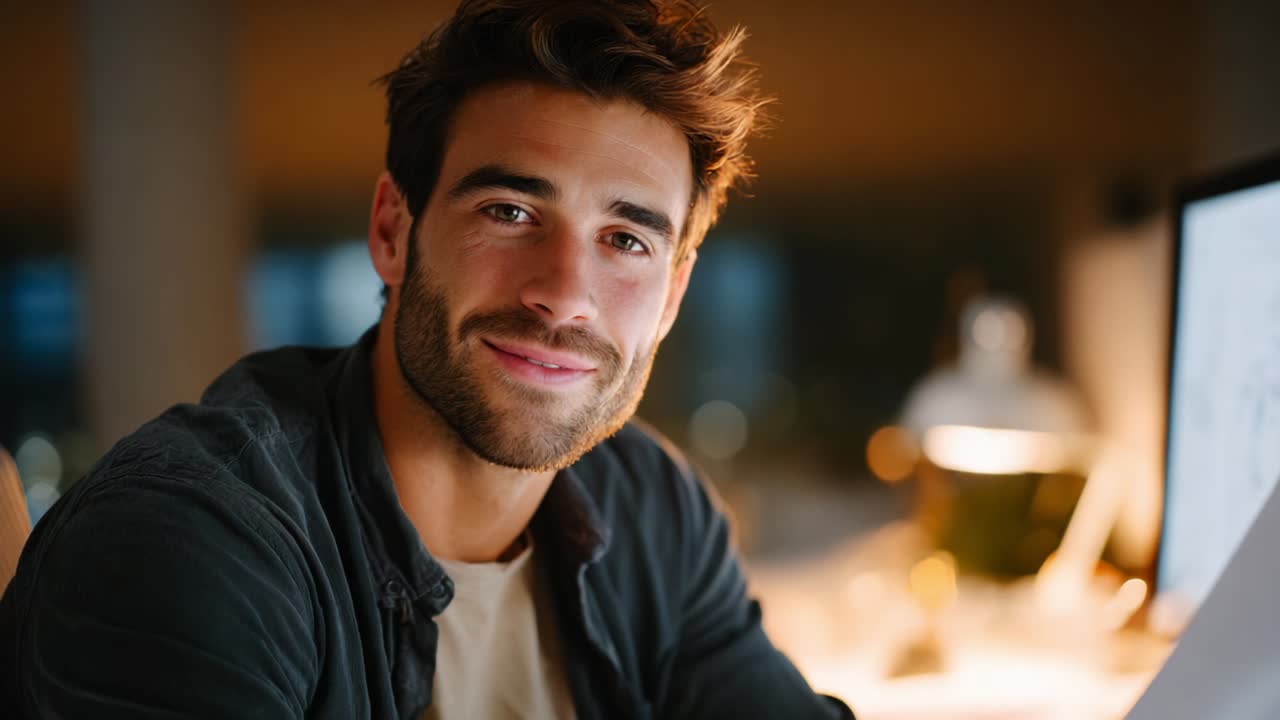 A Young Man Smiling at the Camera, Captured in an Intimate Setting with Soft Lighting, Emphasizing His Engaging Expression and Warm Personality, Radiating a Sense of Confidence and Approachability Amidst a Cozy Environment