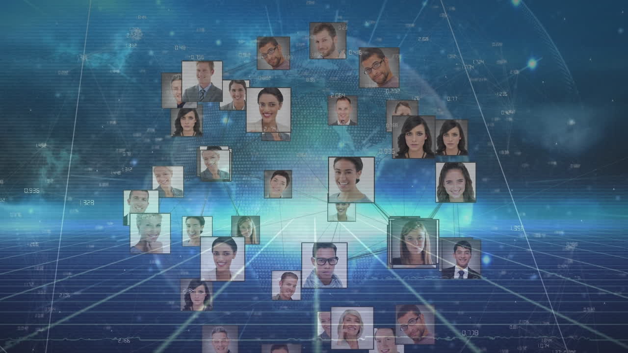 animación del procesamiento de datos sobre iconos de personas y globo