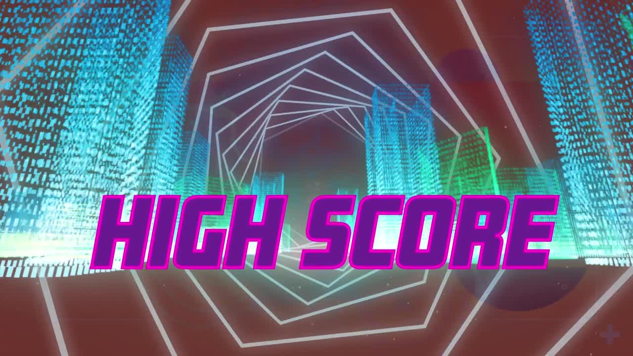animación de texto de alta puntuación sobre túnel hexagonal contra edificios 3d iluminados.