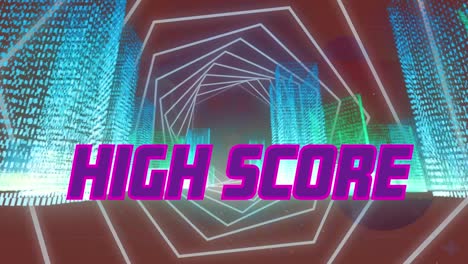Animation-of-high-score-text-over-hexagon-tunnel-against-illuminated-3d-buildings