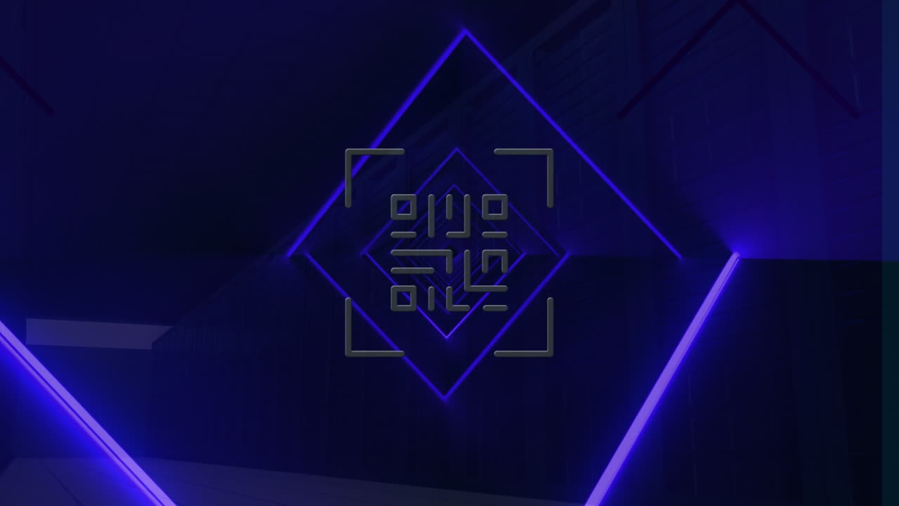 Animation af neon QR-kode, der bevæger sig i et blåt digitalt rum