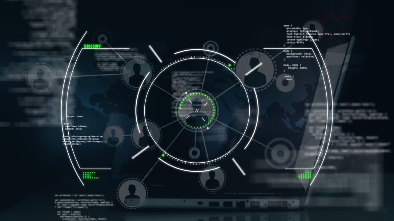 노트북을 사용하는 사람의 중간 섹션에 대한 프로필 아이콘 네트워크를 통해 범위 스캔의 애니메이션
