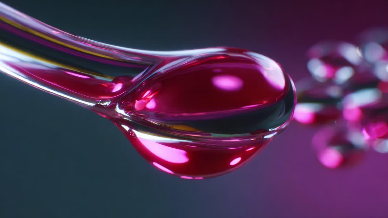 Close-Up of a Reflective Pipette Dropping Vibrant Liquid with Radiant Colors and Blurred Background, Capturing the Essence of Fluid Dynamics and the Beauty of Science in Action