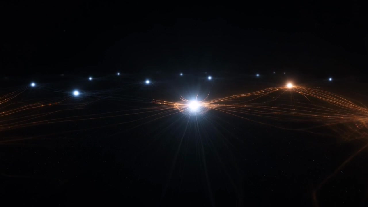 Nodi di rete digitali astratti che si connettono con flussi di dati luminosi