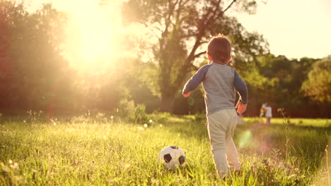 boy standing with a soccer ball in the summer running on the field with grass rear view