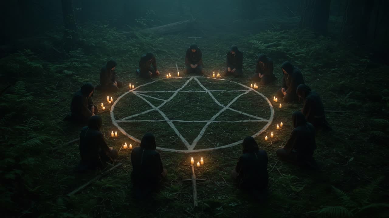 A Dark Ritual Unfolds: Enigmatic Figures Encircle a Pentagram in a Mysterious Forest, Illuminated by Flickering Candles and Shrouded in Eerie Fog
