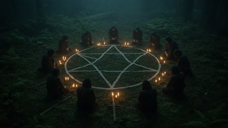 a dark ritual unfolds: enigmatic figures encircle a pentagram in a mysterious forest, illuminated by flickering candles and shrouded in eerie fog
