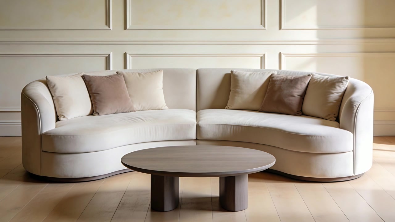 Sunlight brightening and camera zooming showcasing curved cream sofa at home with four pillows
