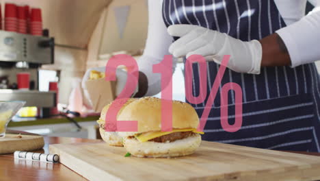 42% text animation over person preparing burgers and fries in food truck