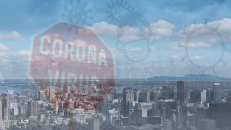 animation of corona virus prohibition sign and virus cells over cityscape