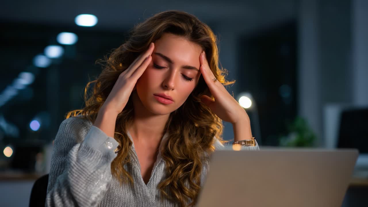 Una donna sperimenta stress e affaticamento mentre lavora fino a tardi al computer, a dimostrazione del tributo emotivo e fisico delle lunghe ore e delle attività impegnative in un moderno ambiente di lavoro.
