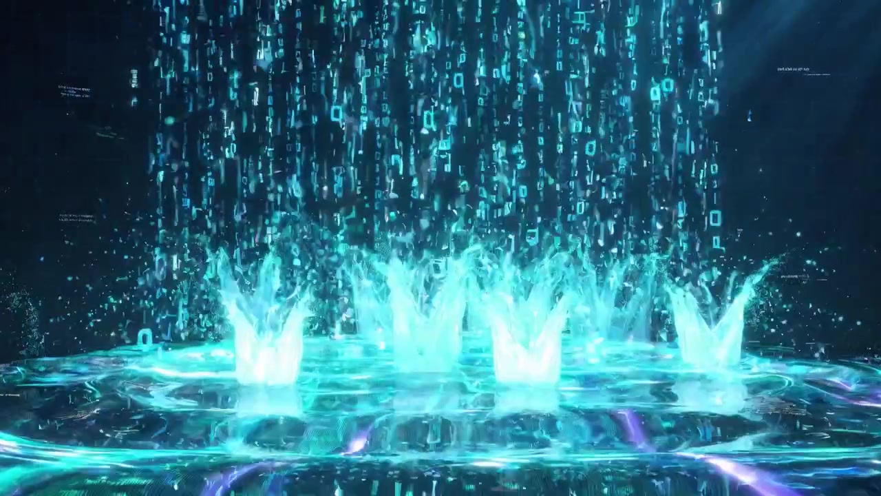 Digital Data Stream Splashing on a Glowing Cyber Surface