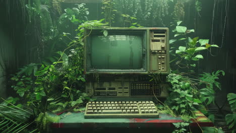 old computer surrounded by plants in natural landscape