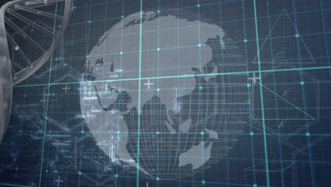 Animation-of-spinning-dna-strand-over-grid-and-globe