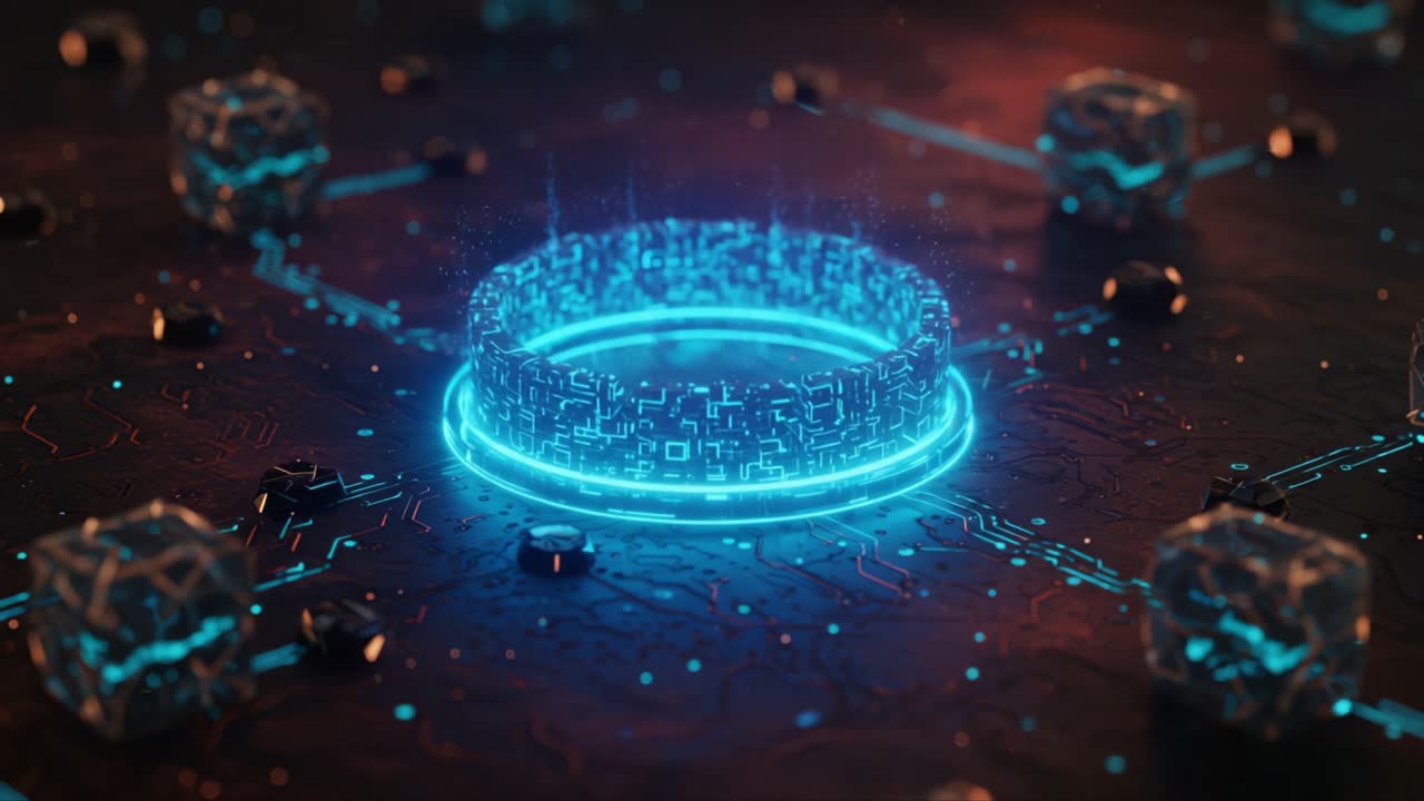 A Futuristic Data Sphere Surrounded by Luminous Circuits and Tech Nodes, Showcasing a Digital Realm of Connectivity and Innovation in Vibrant Blue Light
