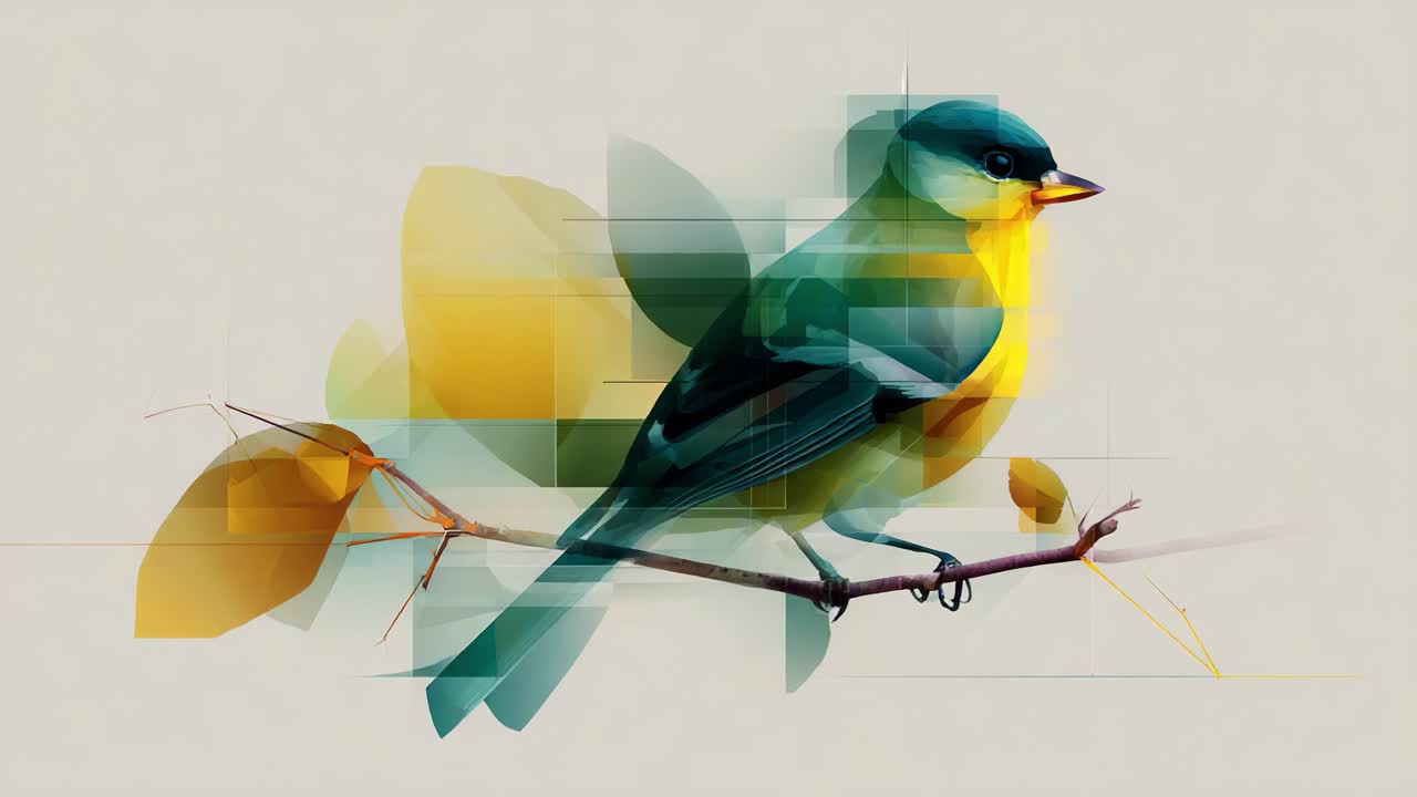 A Vibrant Artistic Representation of a Colorful Bird Perched on a Branch Surrounded by Abstract Shapes and Colorful Leaves, Highlighting Nature's Beauty and Creativity