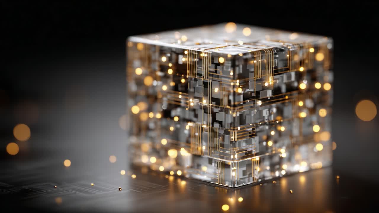 Et fængslende glimt ind i en skinnende teknologisk terning, der pulserer af lys og illustrerer krydsfeltet mellem digital innovation og æstetisk design i moderne kunst