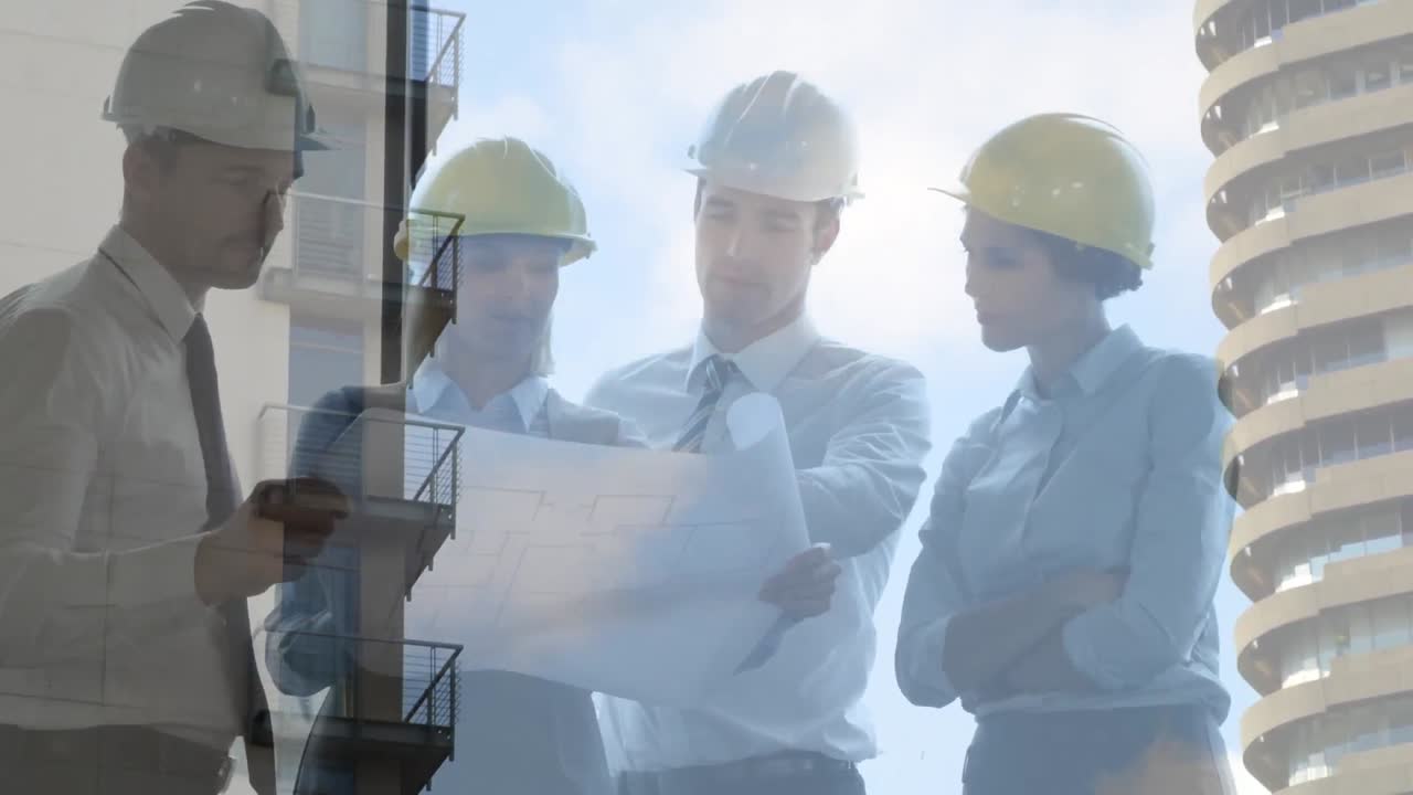 animación del paisaje urbano sobre personas de negocios hablando en la oficina