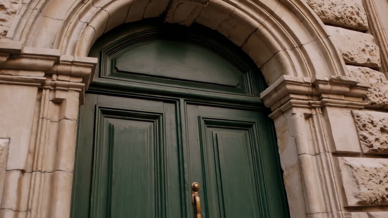 Historic Green Wooden Door with Stone Archway