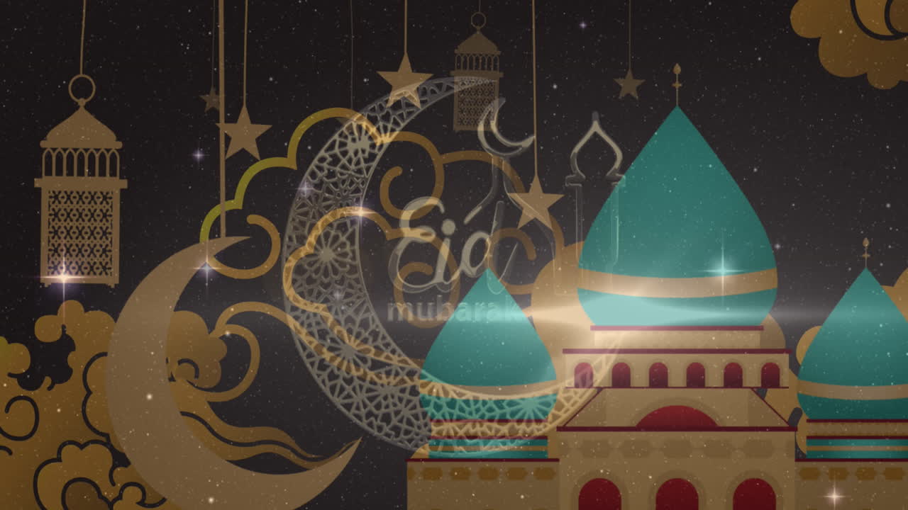 animación del logotipo y el texto de eid mubarak sobre lunas y mezquita