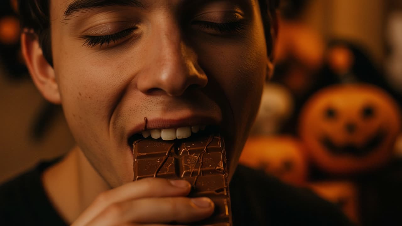 A Young Man Savoring Chocolate: Capturing the Moment of Enjoyment with Rich Flavor and Delight Amidst Festive Halloween Decor