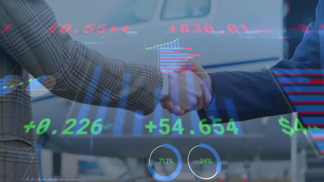 animación del procesamiento de datos financieros sobre personas que se dan la mano