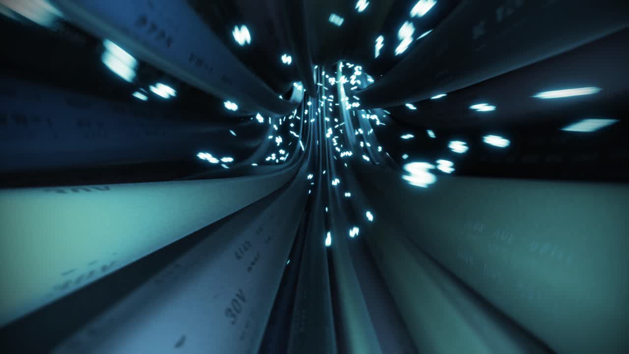 los cables, los cables, el signo del dólar, el vuelo a través de los datos, internet, el circuito de energía, la fibra 4k.