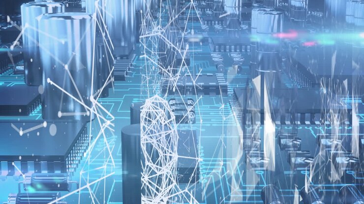 Animation of data processing on glowing computer circuit board