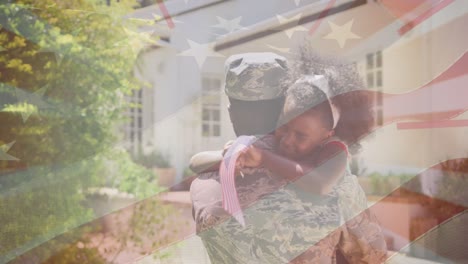 american flag design overlay against african american soldier in uniform his daughter